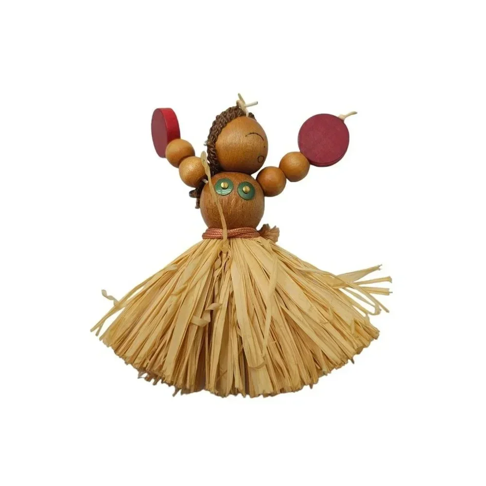 Hula Girl Brown Wood Grass Skirt Pin Brooch Multicolor Vintage - Picture 1 of 5